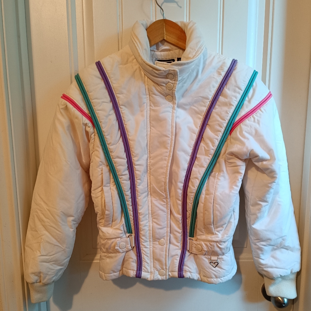 Rad 80s Obermeyer Vintage Pastel White Ski Puffer Jacket Coat Ladies Size 6